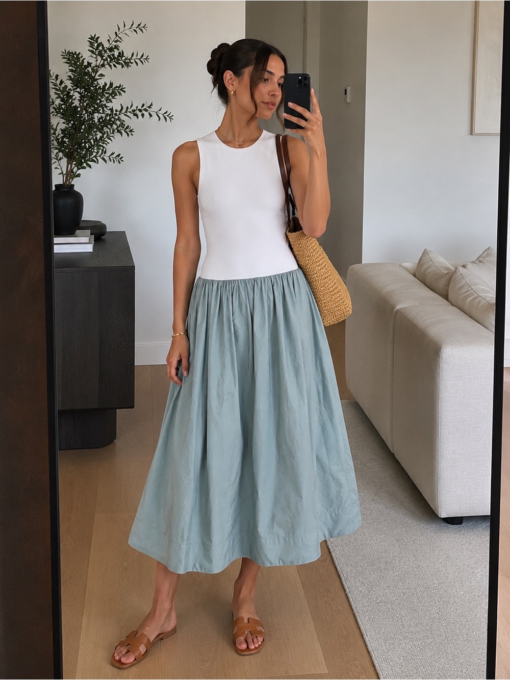 Babaton Aritzia Viral Drop Waist Sleeveless Midi Dress White Blue XS